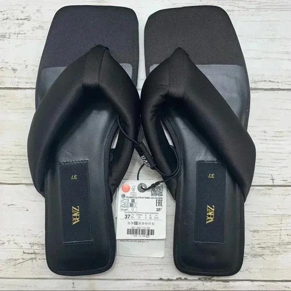 Zara Black Square Toe Quilted Slides Thong Sandals Flip Flop Summer - Picture 7 of 12